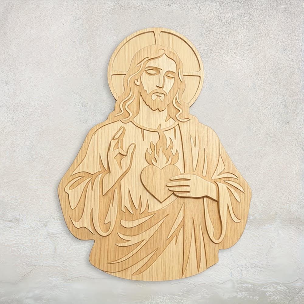 Christianartworkshop: Decorazione murale in legno intagliato raffigurante il Sacro Cuore di Gesù: un simbolo dell'amore divino. - 14,88*19,69''*0,2''/37,8*50*0,5 cm - image 0