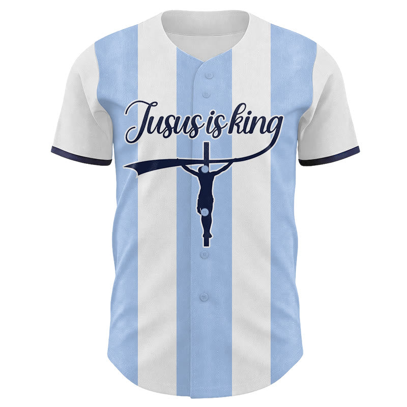 Christianartworkshop Maglia da baseball a righe con stampa a croce "Gesù è Re" e nome personalizzato. - image 1