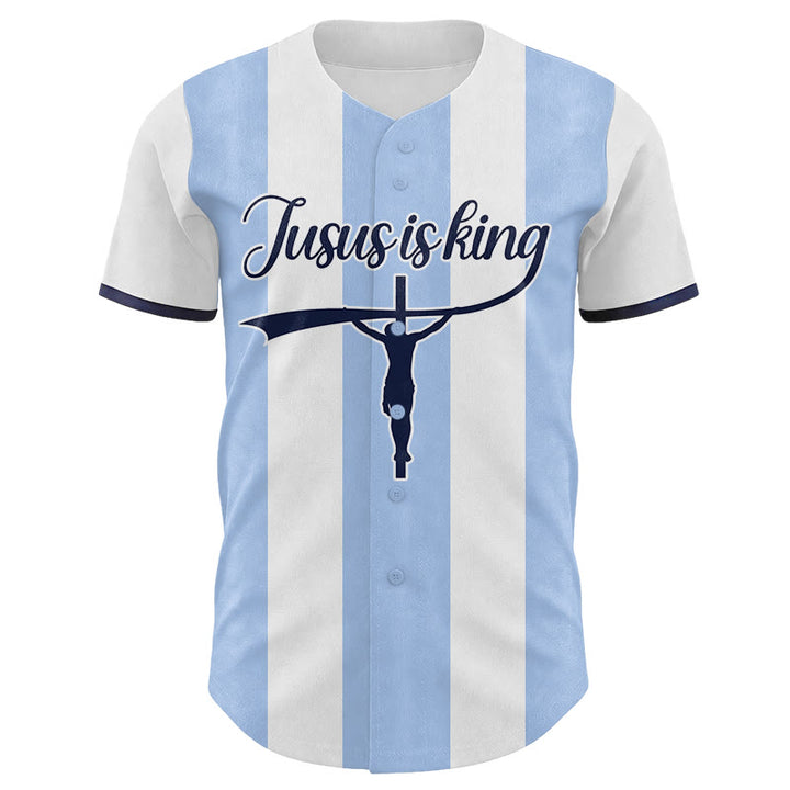 Christianartworkshop Maglia da baseball a righe con stampa a croce "Gesù è Re" e nome personalizzato. - image 1