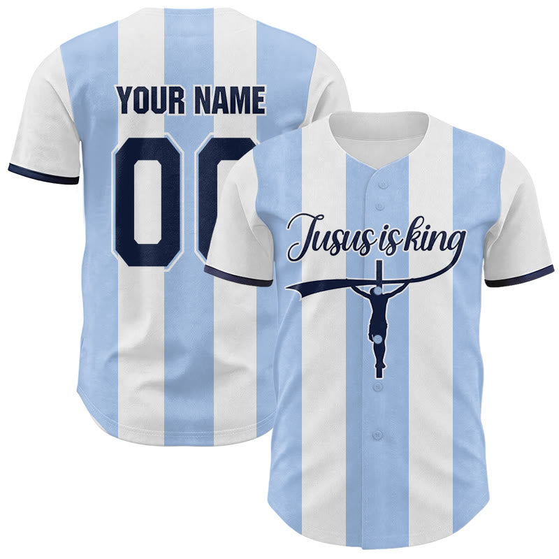 Maglia da baseball a righe con stampa a croce "Gesù è Re" personalizzata con nome e numero Christianartworkshop. - 5XL - Nome & Numero personalizzati - image 0