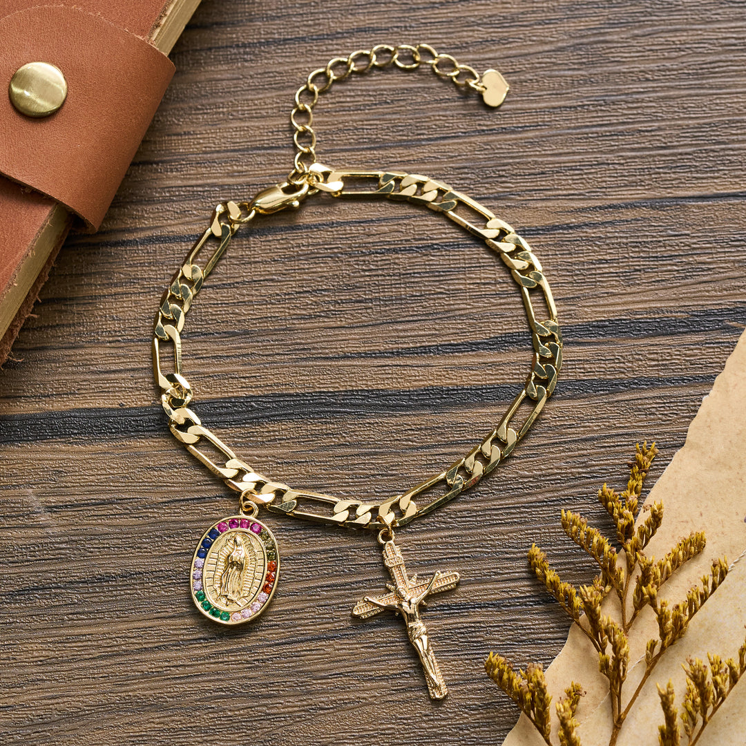 Christianartworkshop Bracciale Figaro Chain con medaglia di Guadalupe, bordo con strass e ciondolo a crocifisso. - Nostra Signora e Crocifisso C - image 7