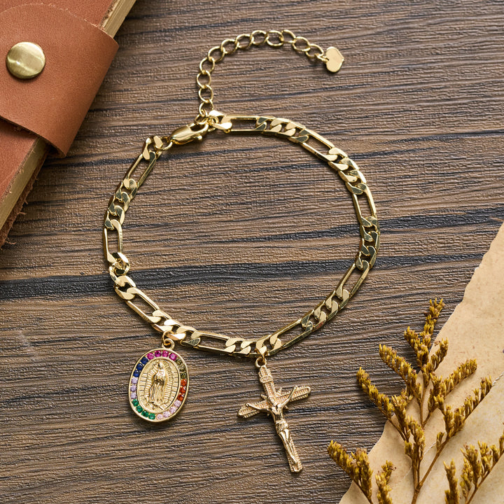 Christianartworkshop Bracciale Figaro Chain con medaglia di Guadalupe, bordo con strass e ciondolo a crocifisso. - Nostra Signora e Crocifisso C - image 7