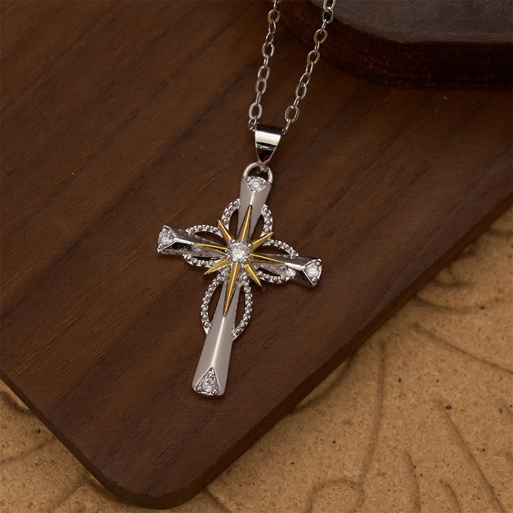 Christianartworkshop Collana con ciondolo a croce con stella di Betlemme bicolore e zirconi intarsiati: un simbolo di luce divina guida. - image 1
