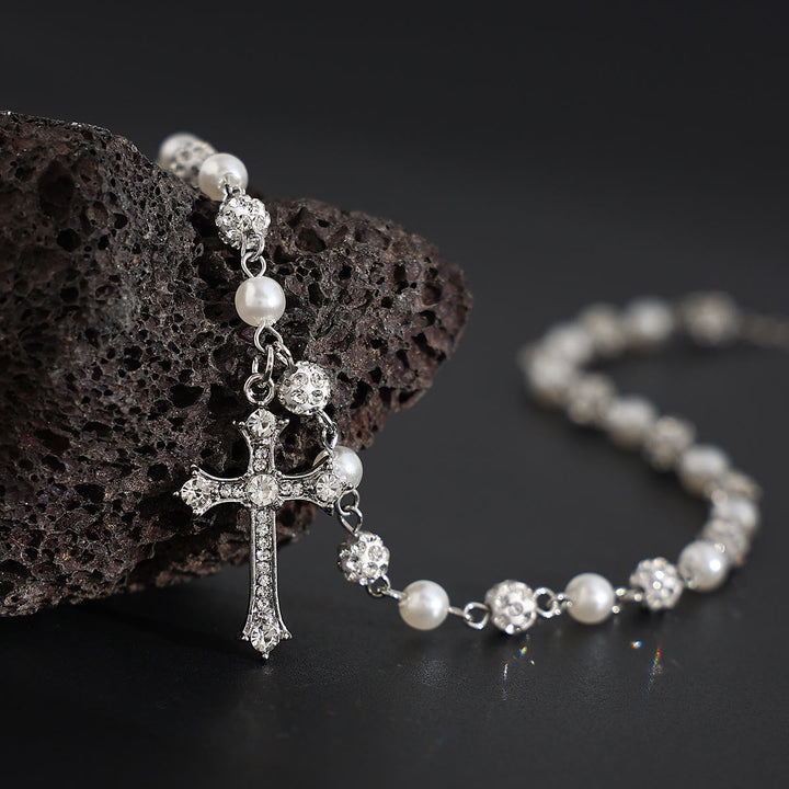 Christianartworkshop Collana a croce in stile rosario con perle alternate e cristalli pavé: un simbolo di sacra devozione. - Attraverso - image 0