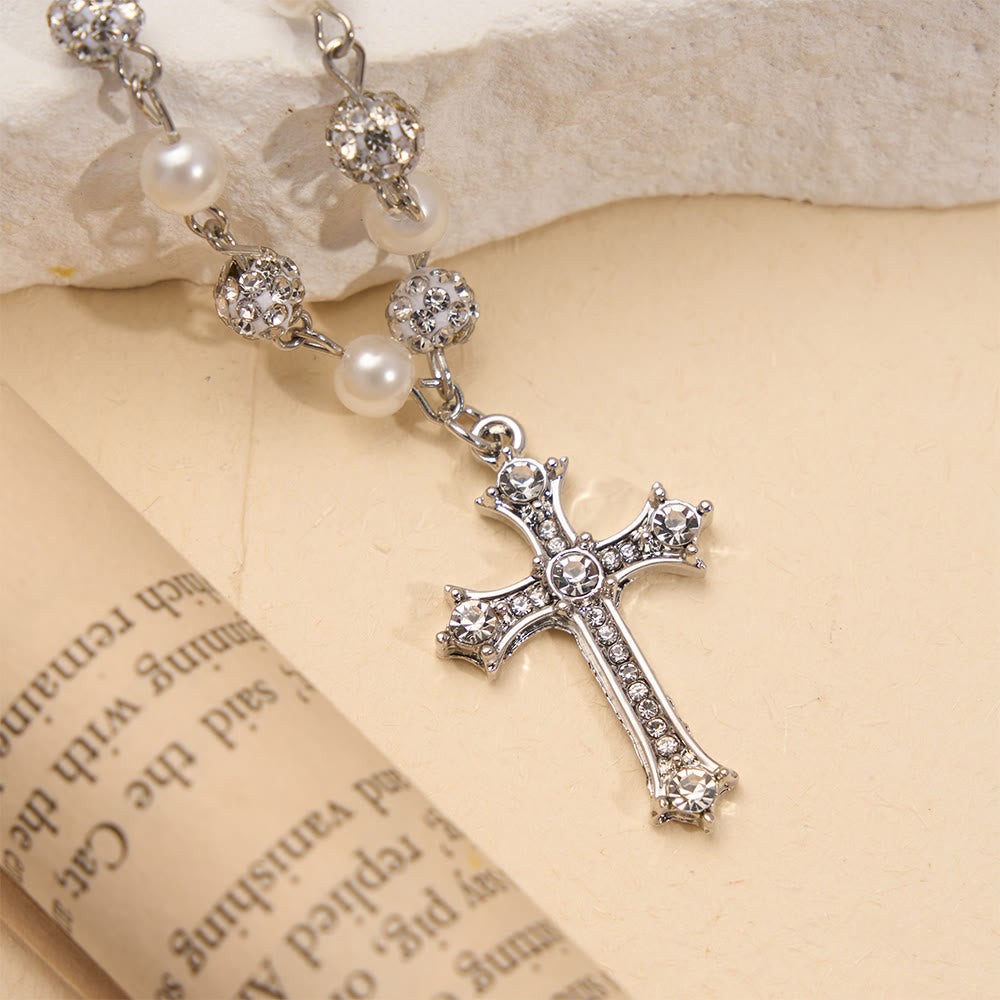 Christianartworkshop Collana a croce in stile rosario con perle alternate e cristalli pavé: un simbolo di sacra devozione. - image 5
