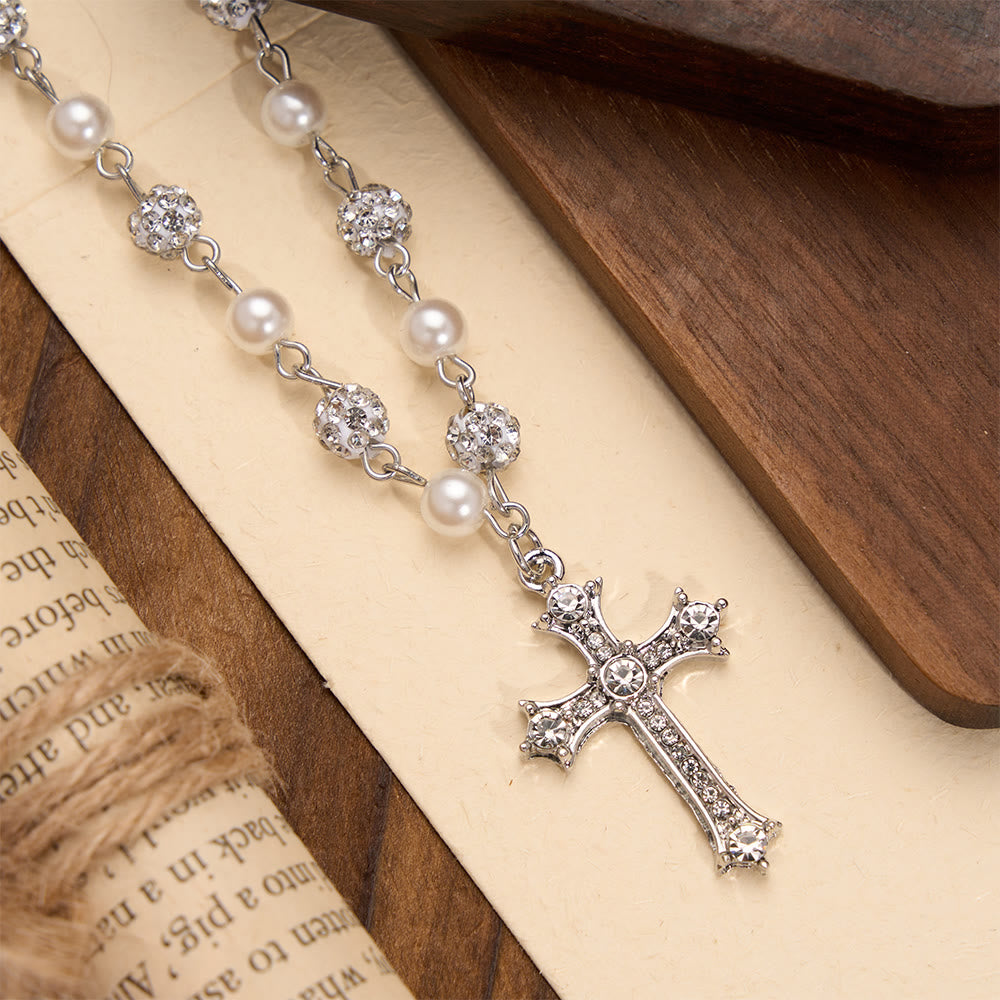 Christianartworkshop Collana a croce in stile rosario con perle alternate e cristalli pavé: un simbolo di sacra devozione. - image 4