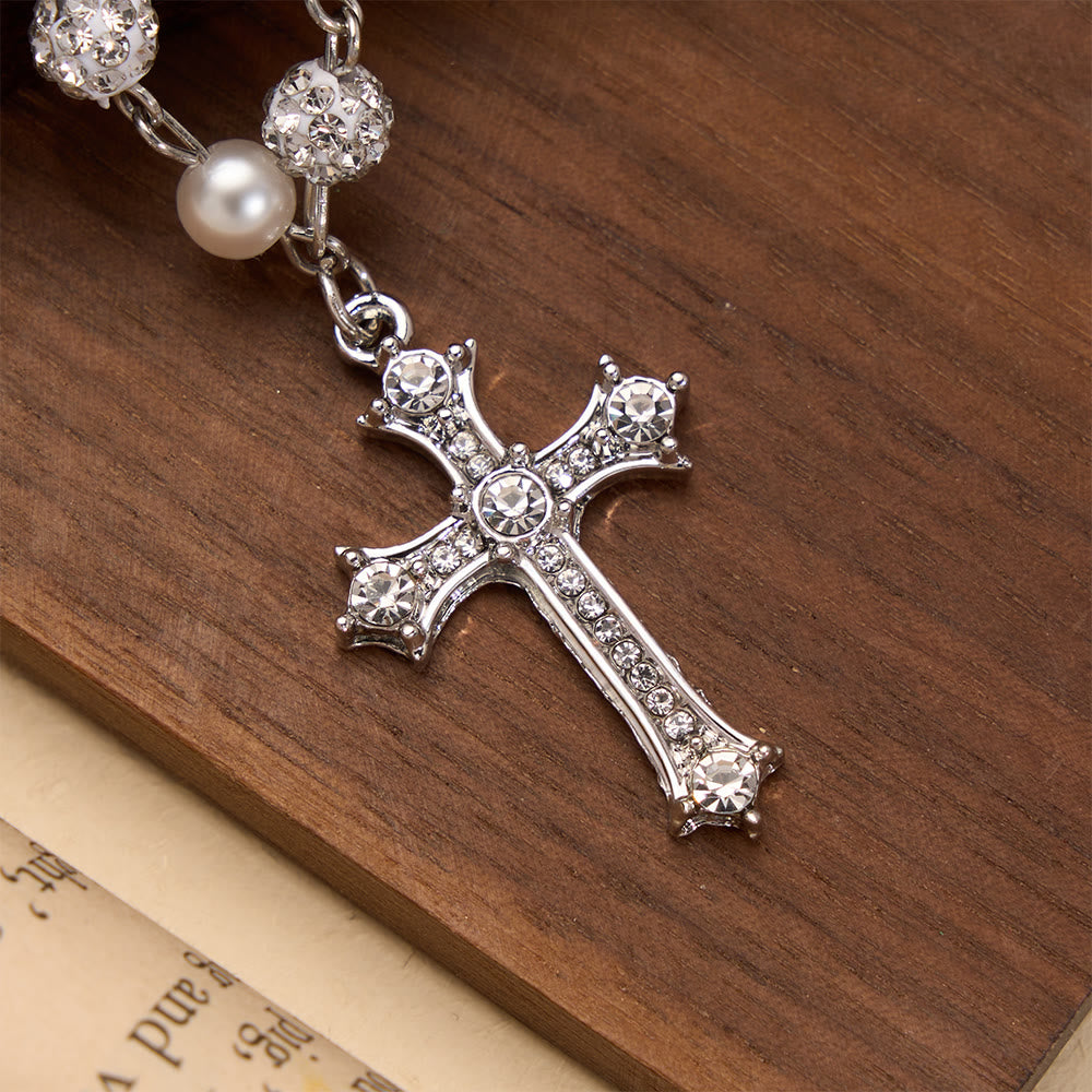 Christianartworkshop Collana a croce in stile rosario con perle alternate e cristalli pavé: un simbolo di sacra devozione. - image 3