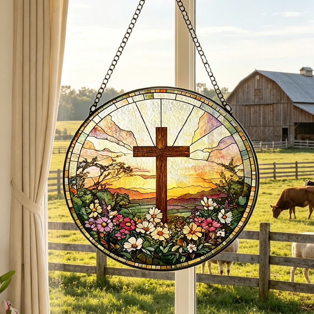 Christianartworkshop Croce rotonda in vetro colorato con tramonto e fiori, acchiappasole da appendere alla finestra: simbolo di calore e benedizione divini. - Acchiappasole a croce - image 0
