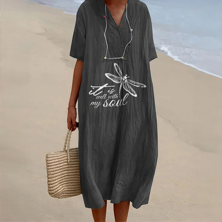 Christianartworkshop Abito midi estivo da spiaggia con scollo a V e maniche corte, stampa libellula e versetti biblici, libellula. - Nero - 4XL - image 3