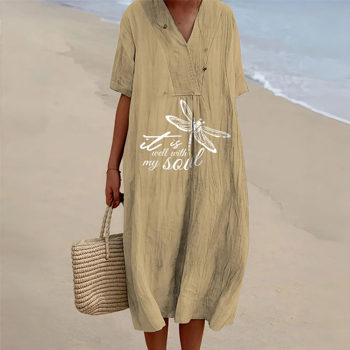 Christianartworkshop Abito midi estivo da spiaggia con scollo a V e maniche corte, stampa libellula e versetti biblici, libellula. - Cachi - 4XL - image 9