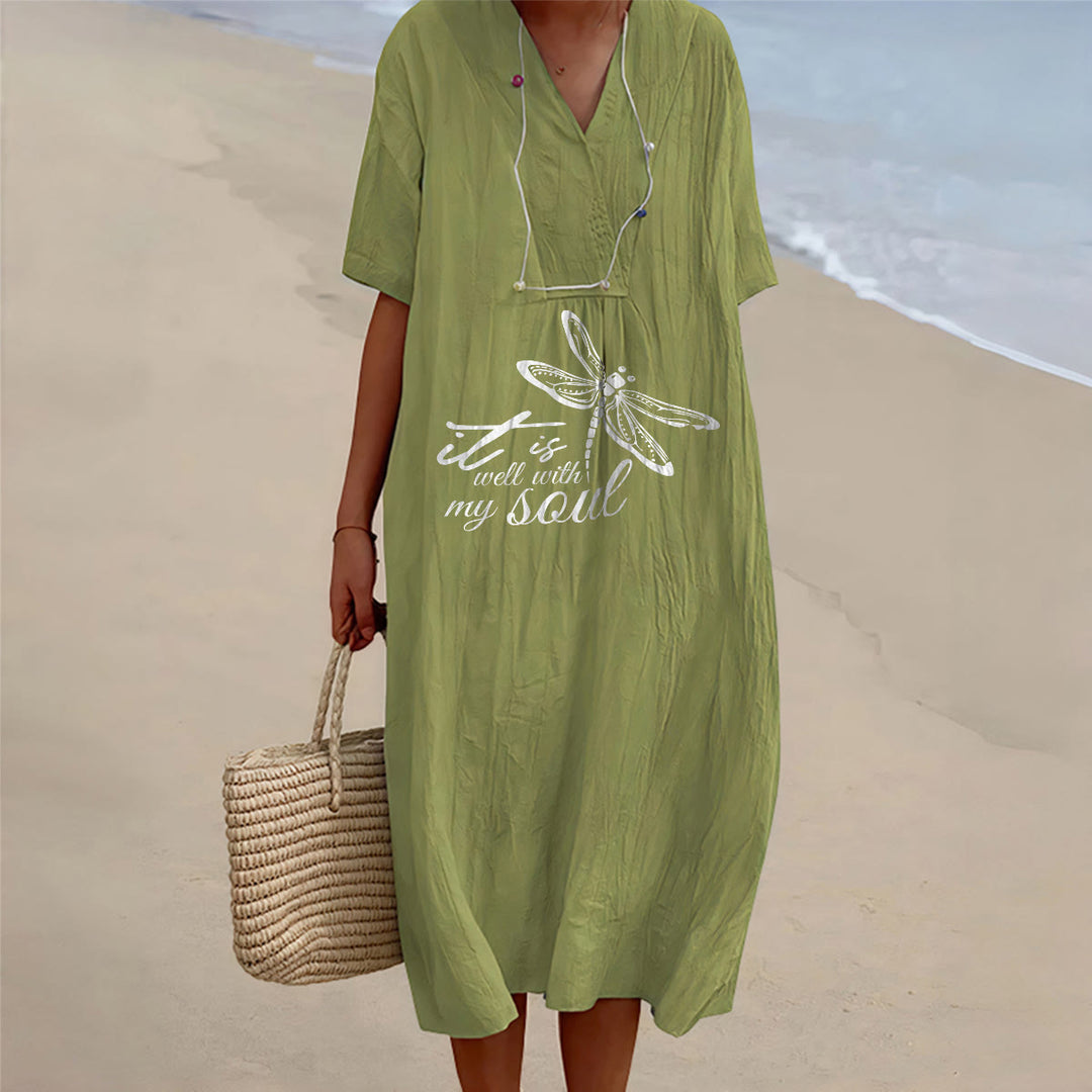 Christianartworkshop Abito midi estivo da spiaggia con scollo a V e maniche corte, stampa libellula e versetti biblici, libellula. - Verde oliva - 4XL - image 15