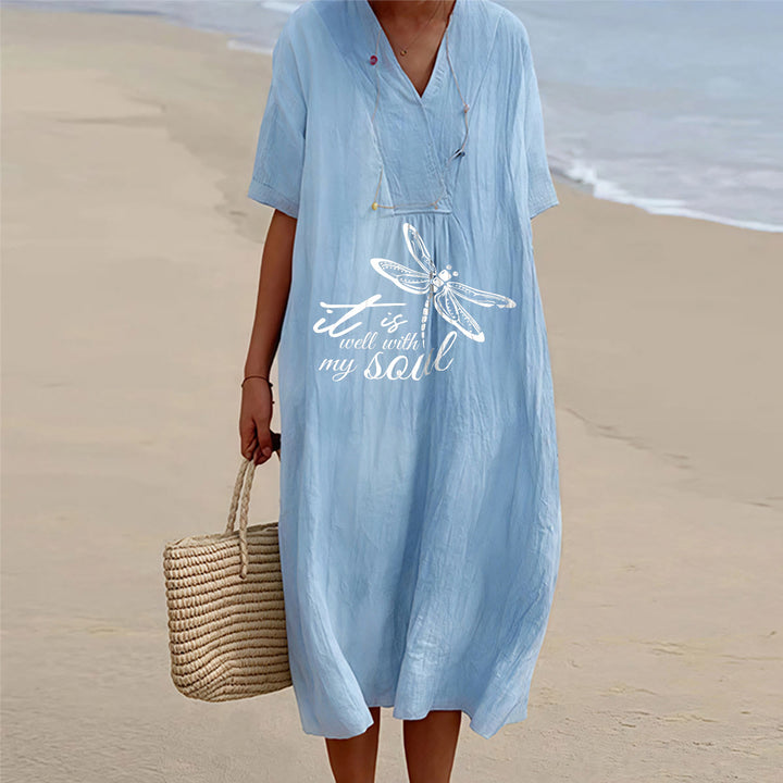 Christianartworkshop Abito midi estivo da spiaggia con scollo a V e maniche corte, stampa libellula e versetti biblici, libellula. - Blu - 4XL - image 6