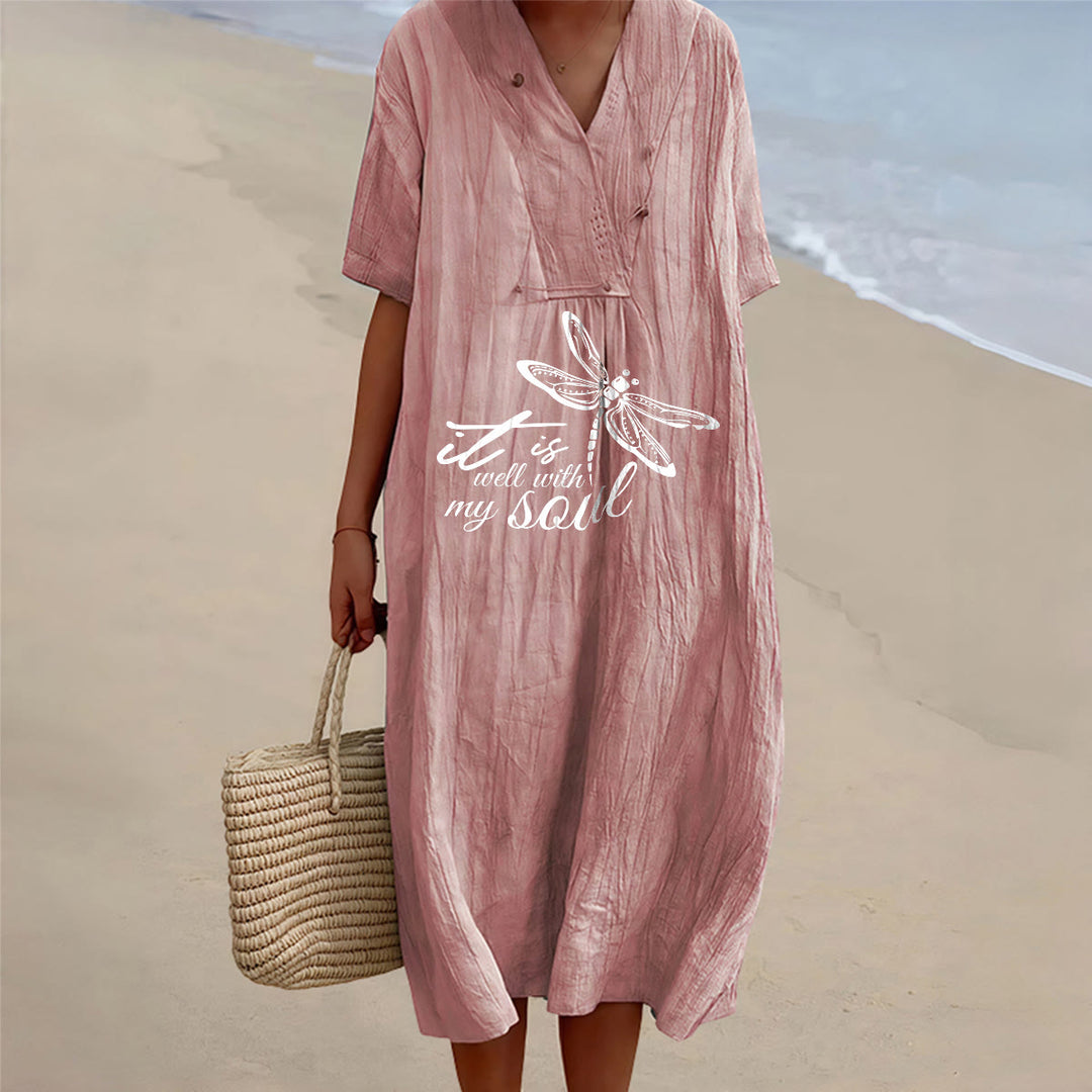 Christianartworkshop Abito midi estivo da spiaggia con scollo a V e maniche corte, stampa libellula e versetti biblici, libellula. - Rosa - 4XL - image 12