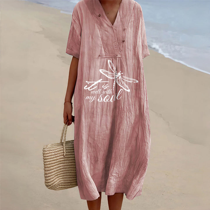 Christianartworkshop Abito midi estivo da spiaggia con scollo a V e maniche corte, stampa libellula e versetti biblici, libellula. - Rosa - 4XL - image 12