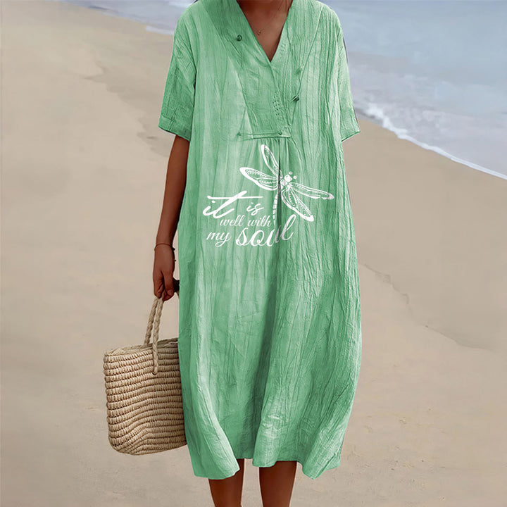 Christianartworkshop Abito midi estivo da spiaggia con scollo a V e maniche corte, stampa libellula e versetti biblici, libellula. - Verde - 4XL - image 0