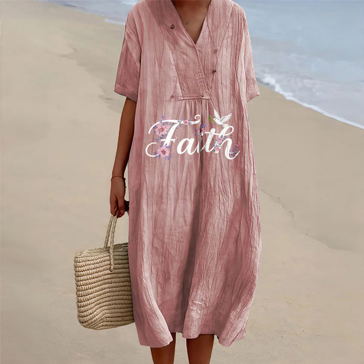 Christianartworkshop Abito midi da spiaggia con scollo a V e stampa di colombe e fiori bianchi, modello Faith Script. - Rosa - 4XL - image 0