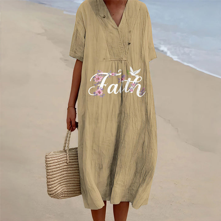 Christianartworkshop Abito midi da spiaggia con scollo a V e stampa di colombe e fiori bianchi, modello Faith Script. - Cachi - 4XL - image 12