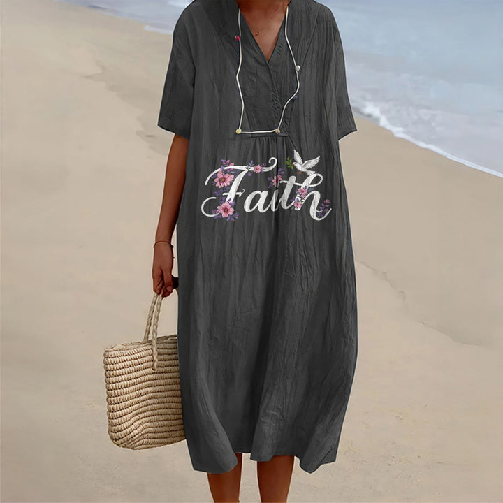 Christianartworkshop Abito midi da spiaggia con scollo a V e stampa di colombe e fiori bianchi, modello Faith Script. - Nero - 4XL - image 6