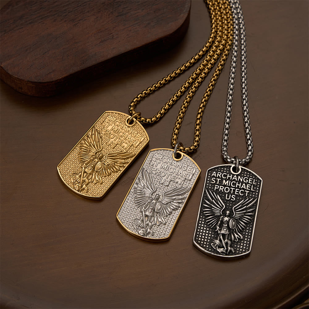 Christianartworkshop Collana con targhetta a forma di scatola e ciondolo con l'immagine dell'Arcangelo San Michele incisa su entrambi i lati: un emblema di coraggiosa e sacra devozione. - image 0