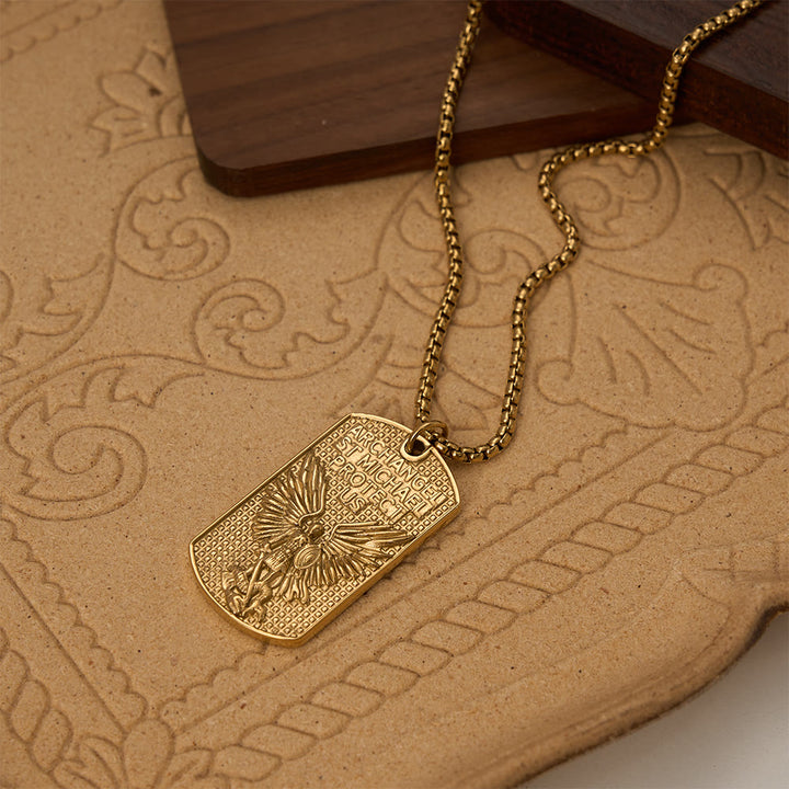 Christianartworkshop Collana con targhetta a forma di scatola e ciondolo con l'immagine dell'Arcangelo San Michele incisa su entrambi i lati: un emblema di coraggiosa e sacra devozione. - D'oro - image 4
