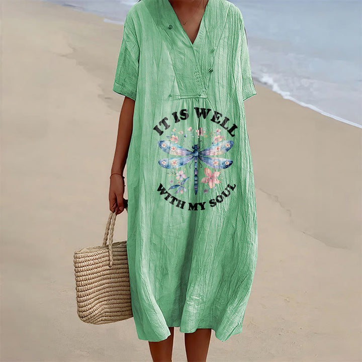 Christianartworkshop Abito midi a maniche corte con scollo a V e stampa floreale "It Is Well With My Soul" con libellula ad acquerello e motivo floreale. - Verde - 4XL - image 15