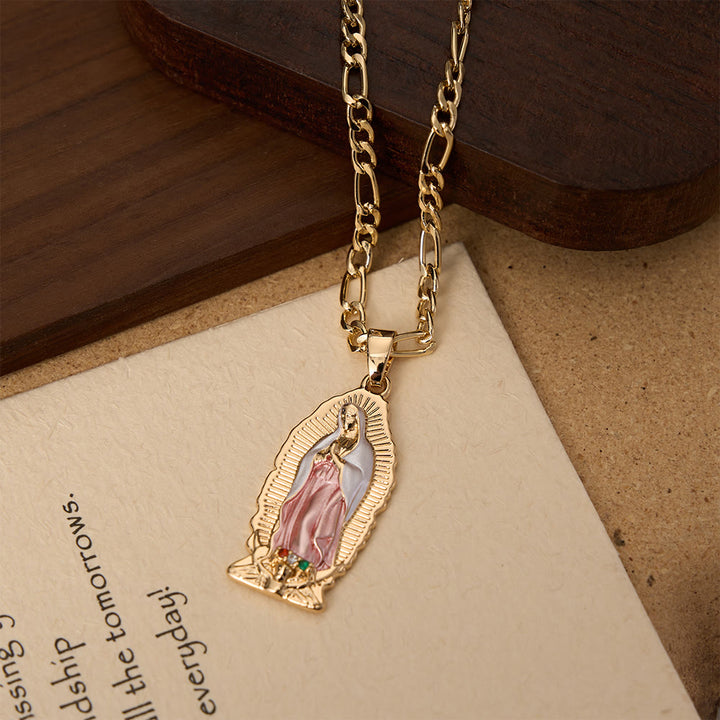 Ciondolo elegante con bordo a raggiera della Vergine di Guadalupe in smalto, catena Figaro spessa, Christianartworkshop. - image 11