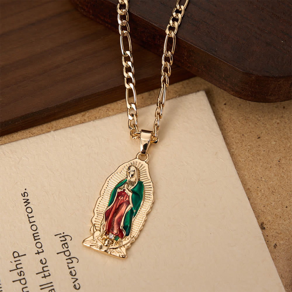 Ciondolo elegante con bordo a raggiera della Vergine di Guadalupe in smalto, catena Figaro spessa, Christianartworkshop. - image 8