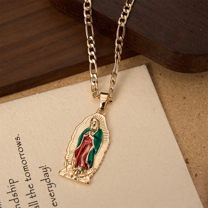 Ciondolo elegante con bordo a raggiera della Vergine di Guadalupe in smalto, catena Figaro spessa, Christianartworkshop. - image 8