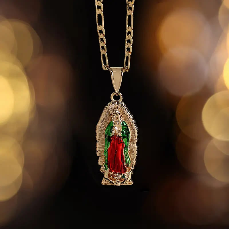 Ciondolo elegante con bordo a raggiera della Vergine di Guadalupe in smalto, catena Figaro spessa, Christianartworkshop. - Rosso - image 0