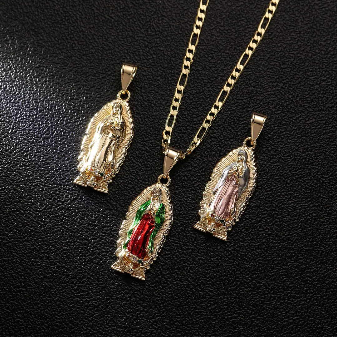Ciondolo elegante con bordo a raggiera della Vergine di Guadalupe in smalto, catena Figaro spessa, Christianartworkshop. - image 6