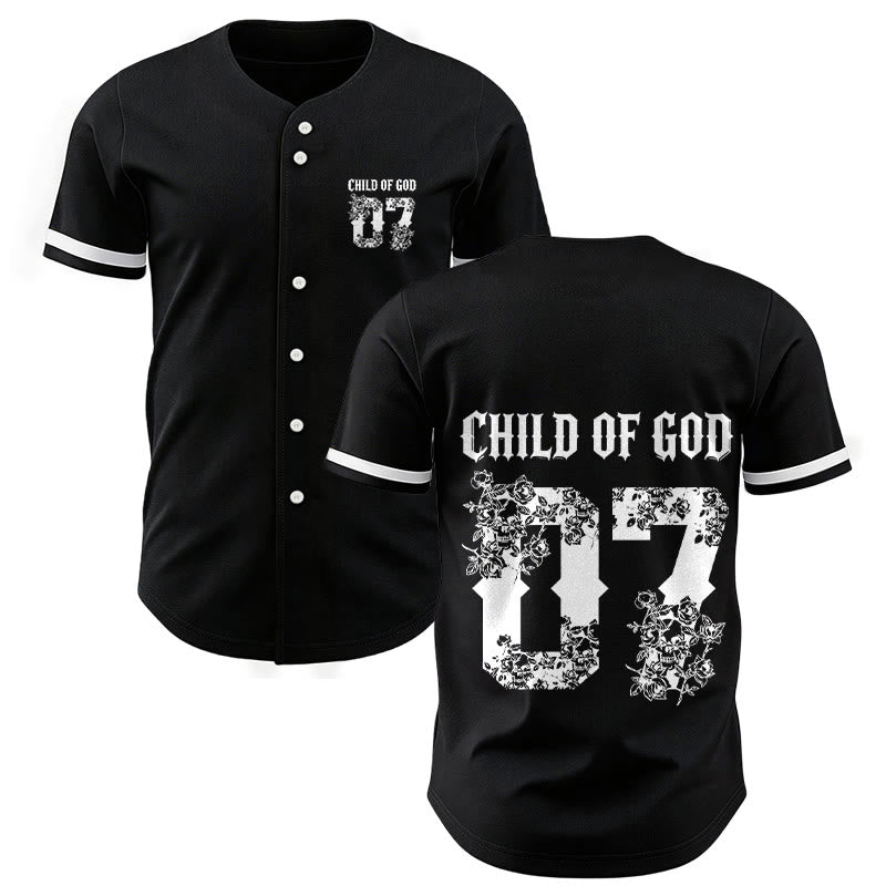 Maglia da baseball numero 07 con bottoni e stampa floreale "Figlio di Dio" Christianartworkshop - Nero - 5XL - image 0