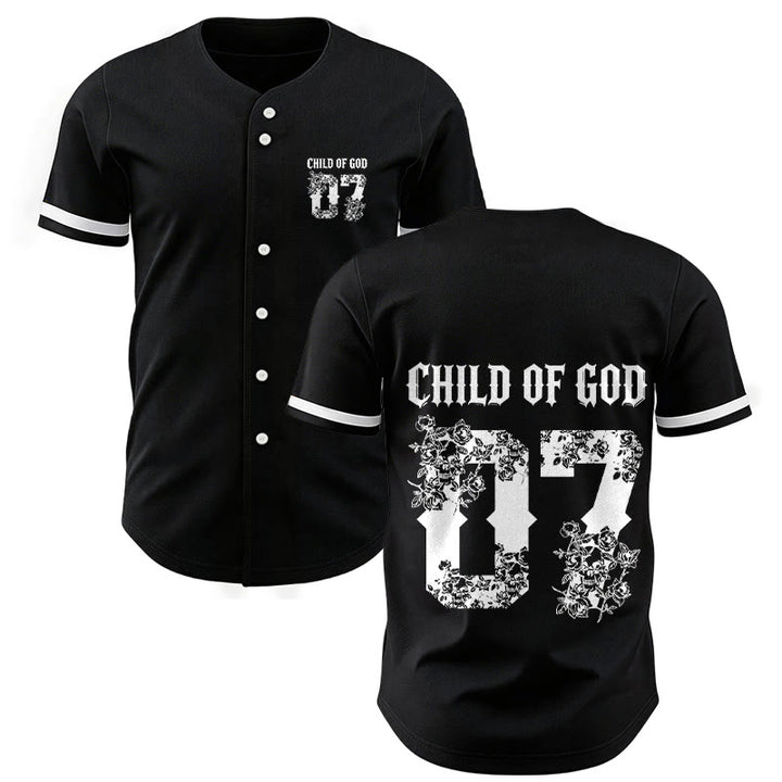 Maglia da baseball numero 07 con bottoni e stampa floreale "Figlio di Dio" Christianartworkshop - Nero - 5XL - image 0