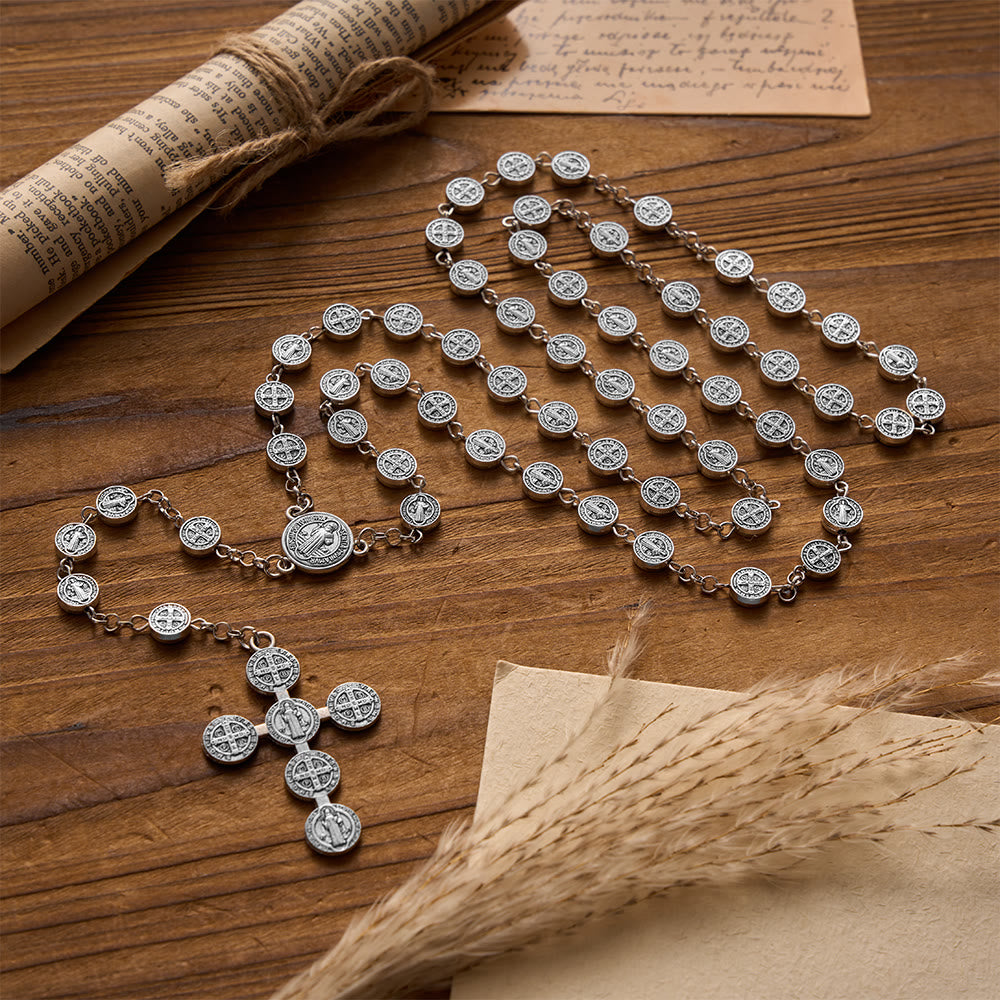Christianartworkshop Rosario antico in argento con medaglia rotonda di San Benedetto a doppia faccia e croce combinata. - image 1