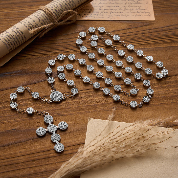 Christianartworkshop Rosario antico in argento con medaglia rotonda di San Benedetto a doppia faccia e croce combinata. - image 1