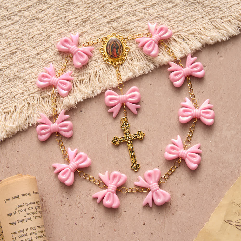 Christianartworkshop Rosario con fiocco rosa della Madonna di Guadalupe: porta con te le sue dolci benedizioni. - image 5