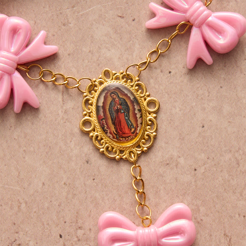 Christianartworkshop Rosario con fiocco rosa della Madonna di Guadalupe: porta con te le sue dolci benedizioni. - image 7