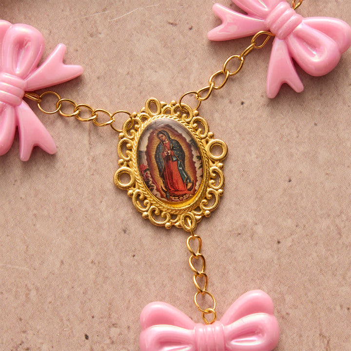 Christianartworkshop Rosario con fiocco rosa della Madonna di Guadalupe: porta con te le sue dolci benedizioni. - image 7