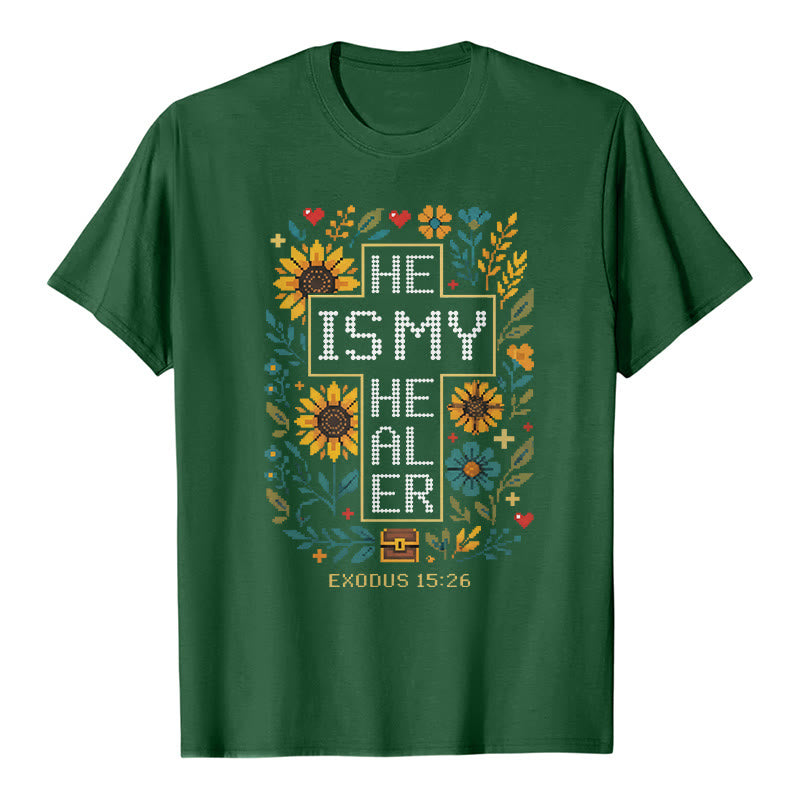 Christianartworkshop T-shirt a maniche corte di alta qualità con ricamo a punto croce floreale ispiratore all'Esodo 15:26. - Verde scuro - 2XL - image 6