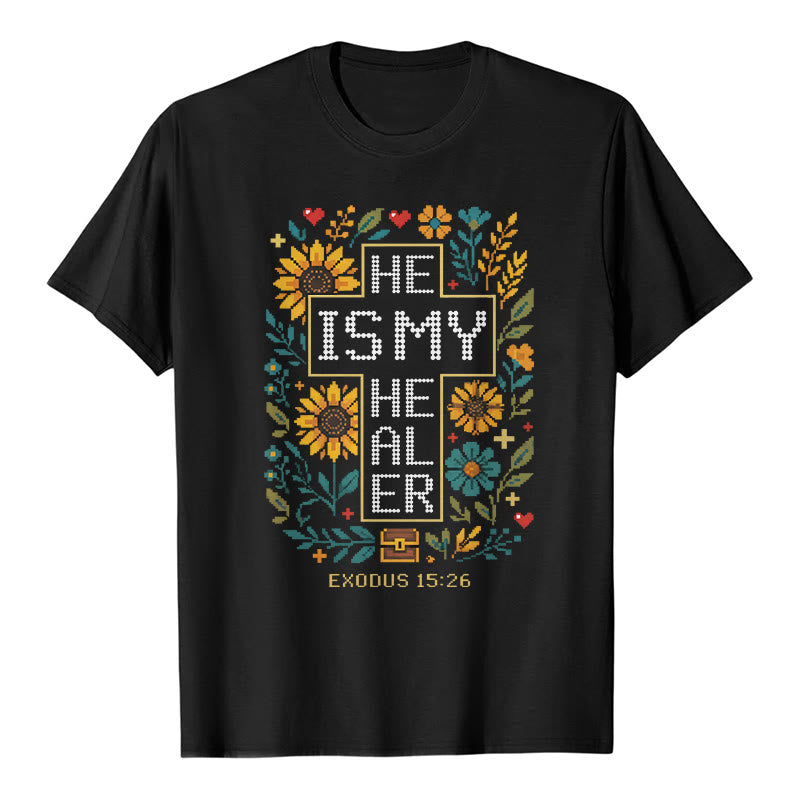 Christianartworkshop T-shirt a maniche corte di alta qualità con ricamo a punto croce floreale ispiratore all'Esodo 15:26. - Nero - 2XL - image 1