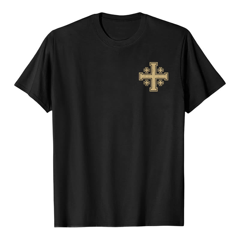 Christianartworkshop T-shirt a maniche corte di alta qualità con stampa vintage effetto invecchiato della croce di Gerusalemme e citazioni bibliche su entrambi i lati. - image 1