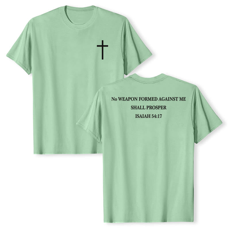 Christianartworkshop Nessuna arma forgiata contro di me avrà successo Isaia 54:17 Maglietta a maniche corte premium con croce sul davanti e versetto biblico sul retro - Verde chiaro - 2XL - image 15