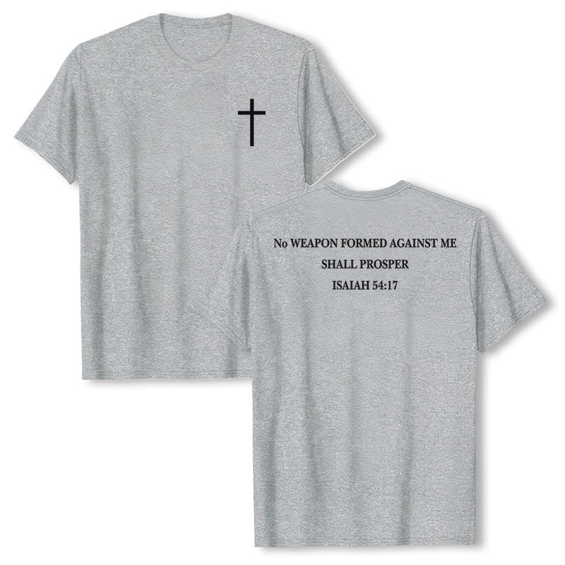 Christianartworkshop Nessuna arma forgiata contro di me avrà successo Isaia 54:17 Maglietta a maniche corte premium con croce sul davanti e versetto biblico sul retro - Grigio - 2XL - image 3