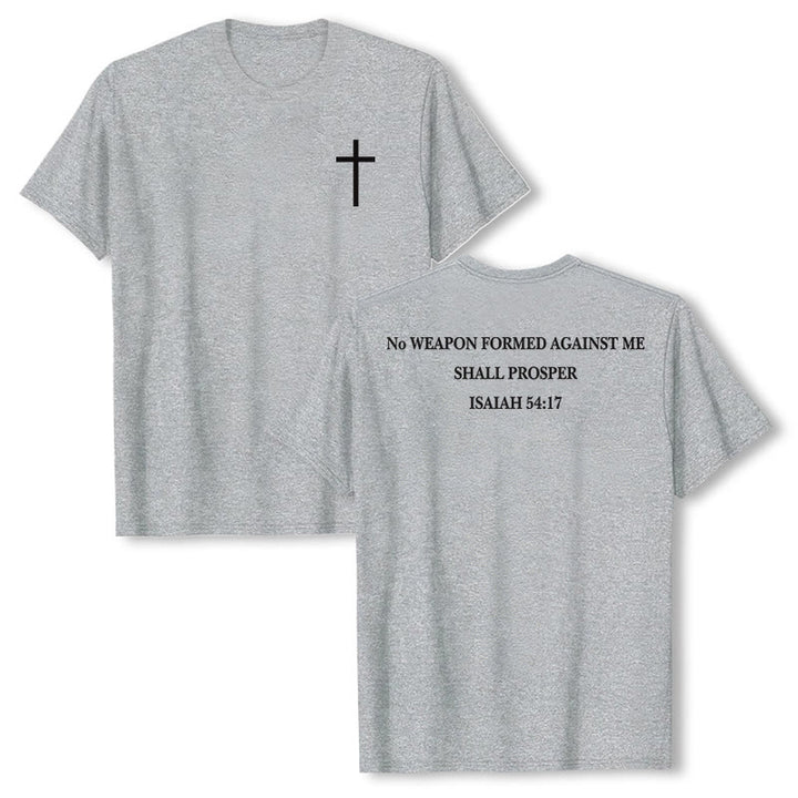 Christianartworkshop Nessuna arma forgiata contro di me avrà successo Isaia 54:17 Maglietta a maniche corte premium con croce sul davanti e versetto biblico sul retro - Grigio - 2XL - image 3
