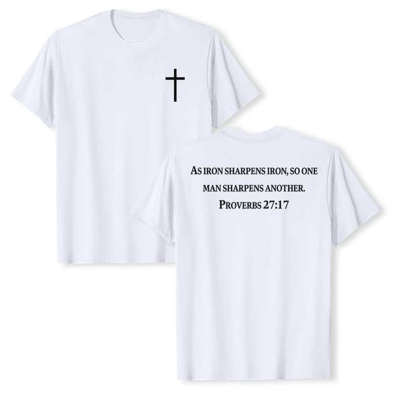 Christianartworkshop Come il ferro affila il ferro Proverbi 27:17 Maglietta a maniche corte premium con croce sul petto e scritta sulla schiena - Bianco - 2XL - image 6