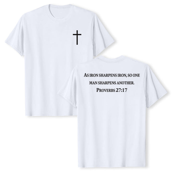 Christianartworkshop Come il ferro affila il ferro Proverbi 27:17 Maglietta a maniche corte premium con croce sul petto e scritta sulla schiena - Bianco - 2XL - image 6