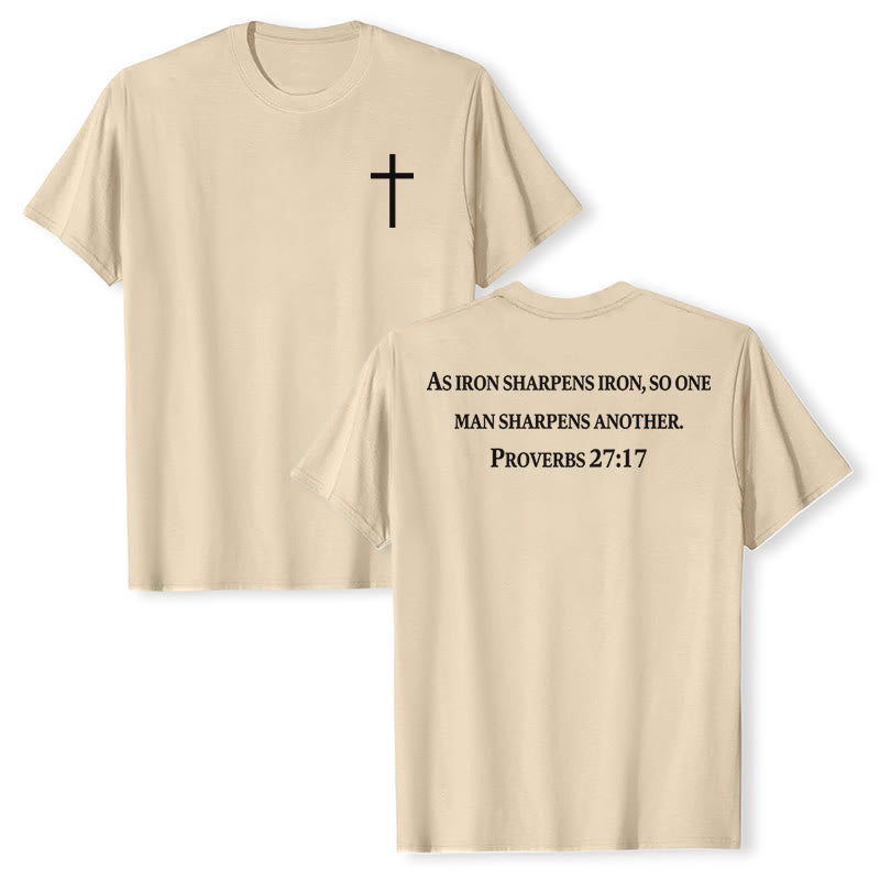 Christianartworkshop Come il ferro affila il ferro Proverbi 27:17 Maglietta a maniche corte premium con croce sul petto e scritta sulla schiena - Beige - 2XL - image 24