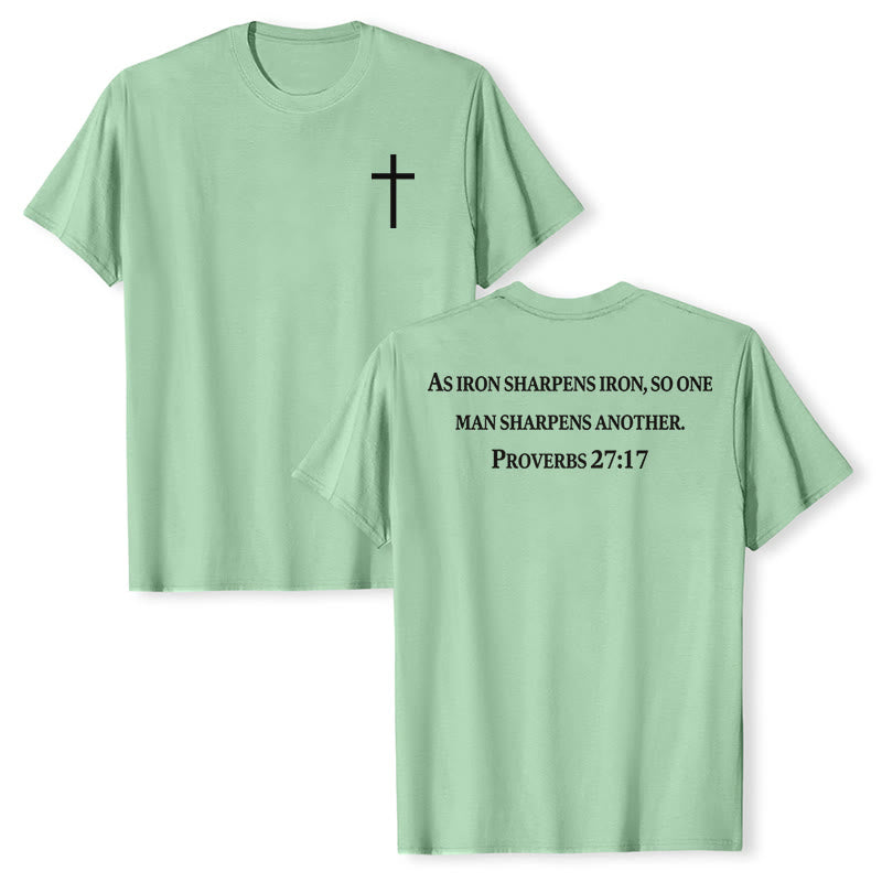 Christianartworkshop Come il ferro affila il ferro Proverbi 27:17 Maglietta a maniche corte premium con croce sul petto e scritta sulla schiena - Verde chiaro - 2XL - image 15