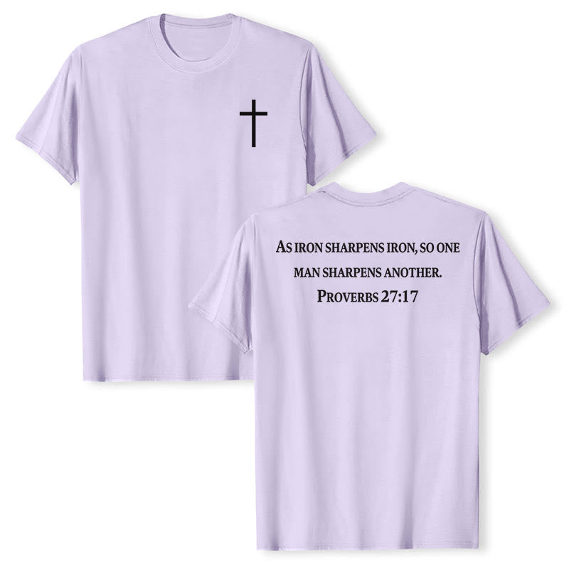 Christianartworkshop Come il ferro affila il ferro Proverbi 27:17 Maglietta a maniche corte premium con croce sul petto e scritta sulla schiena - Viola - 2XL - image 12