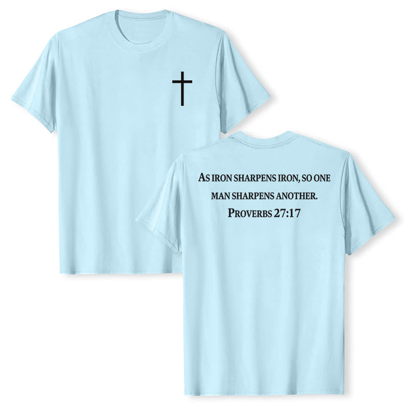 Christianartworkshop Come il ferro affila il ferro Proverbi 27:17 Maglietta a maniche corte premium con croce sul petto e scritta sulla schiena - Blu - 2XL - image 21