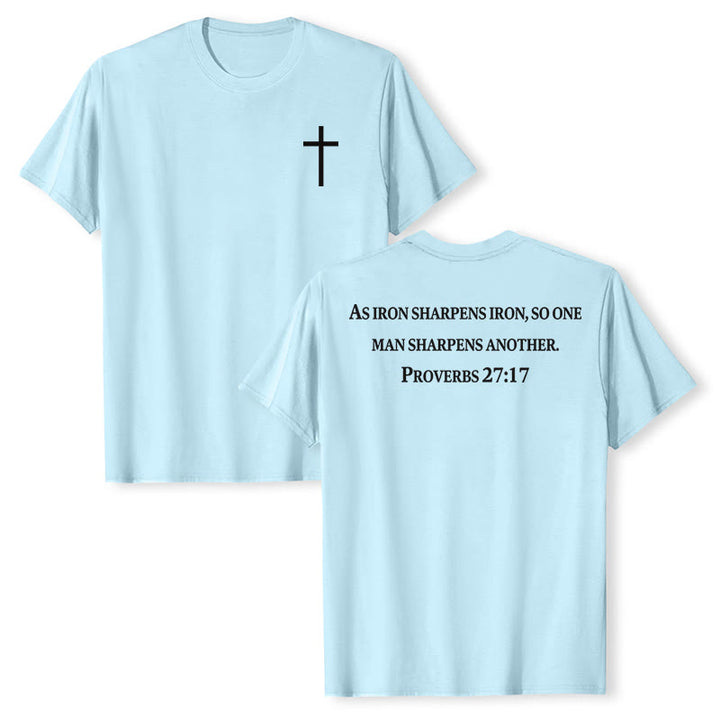 Christianartworkshop Come il ferro affila il ferro Proverbi 27:17 Maglietta a maniche corte premium con croce sul petto e scritta sulla schiena - Blu - 2XL - image 21